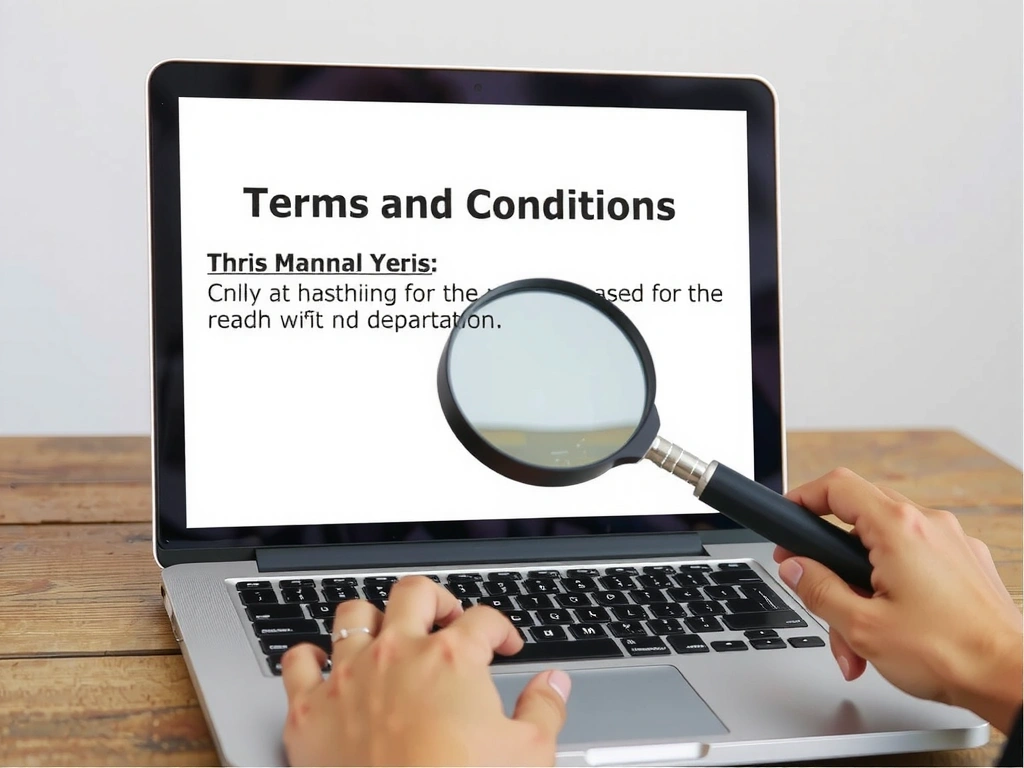 O persoană care citește termeni și condiții pe un ecran de laptop, cu o lupă, simbolizând atenția la detalii și transparența.
